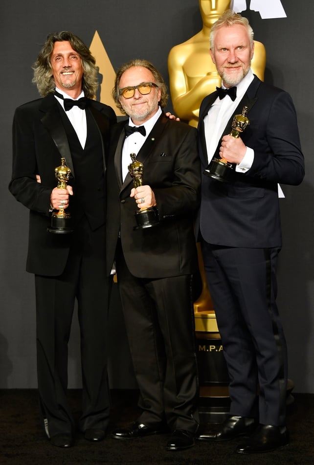 Makeup artists Giorgio Gregorini, Alessandro Bertolazzi and Christopher Nelson, winners of the Best Makeup and Hairstyling award for Suicide Squad