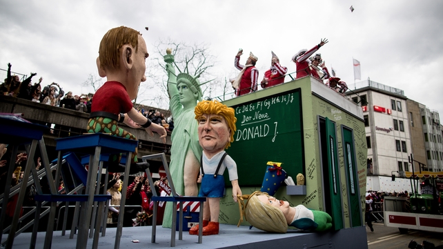 Donald Trump portrayed as new boy in a school, joining Russian President Vladimir Putin