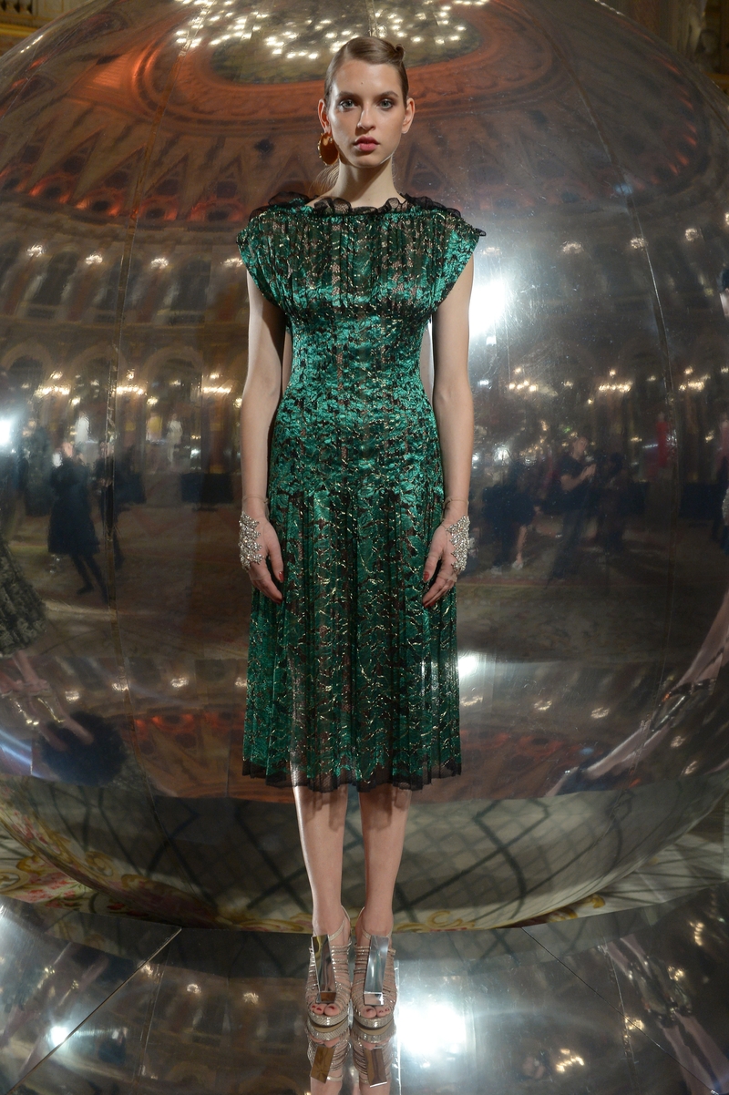 A mesmerizing green metallic lace dress at the Paule Ka Show.