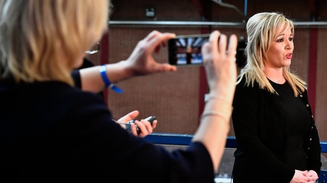 Leader of Sinn Féin in Northern Ireland Michelle O'Neill gives an interview after winning her seat for Mid Ulster