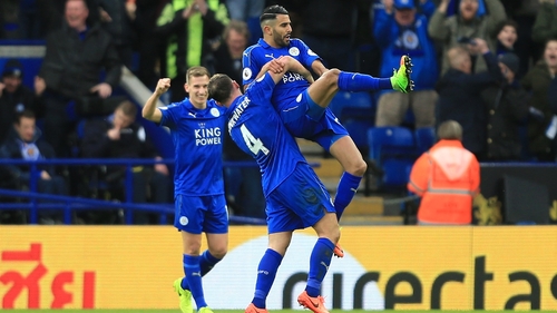 Leicester celebrate Mahrez's winner at the King Power