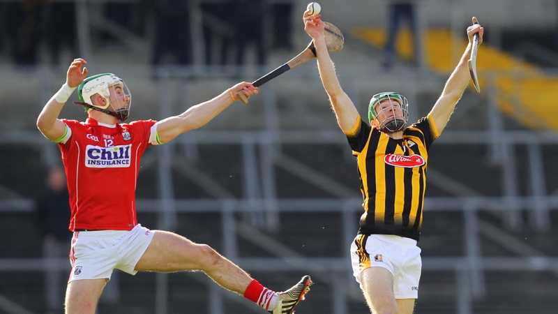 Kilkenny's Shane Prendergast wins possession ahead of Shane Kingston at Nowlan Park.