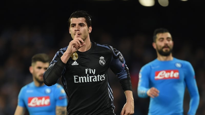 Alvaro Morata celebrates after scoring against Napoli in Naples