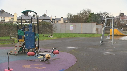 The playground in Tuam with the site where human remains were found at the back