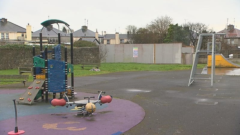 The playground in Tuam with the site where human remains were found at the back