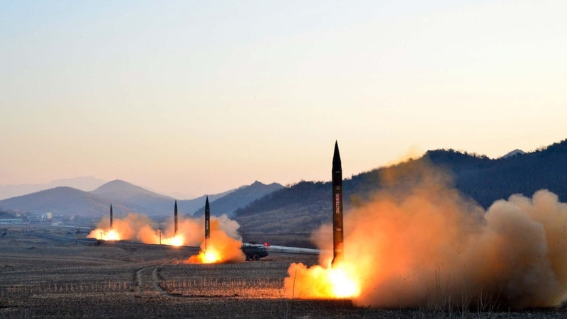 Picture released by North Korea's state news agency showing the launch of four ballistic missiles