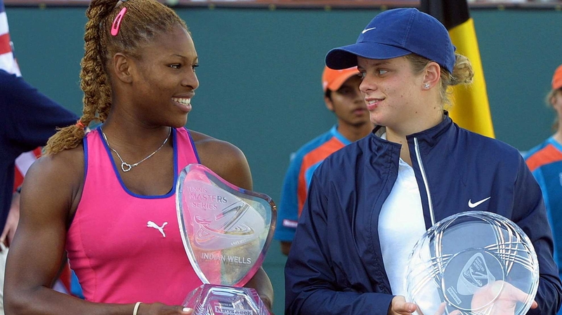 Serena Williams (L) after beating Kim Clijsters at Indian Wells back in 2001