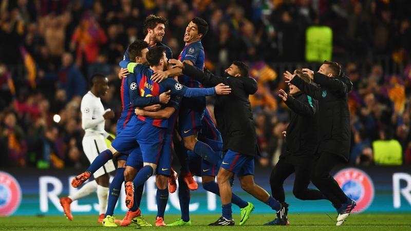 Barcelona players celebrate at the final whistle