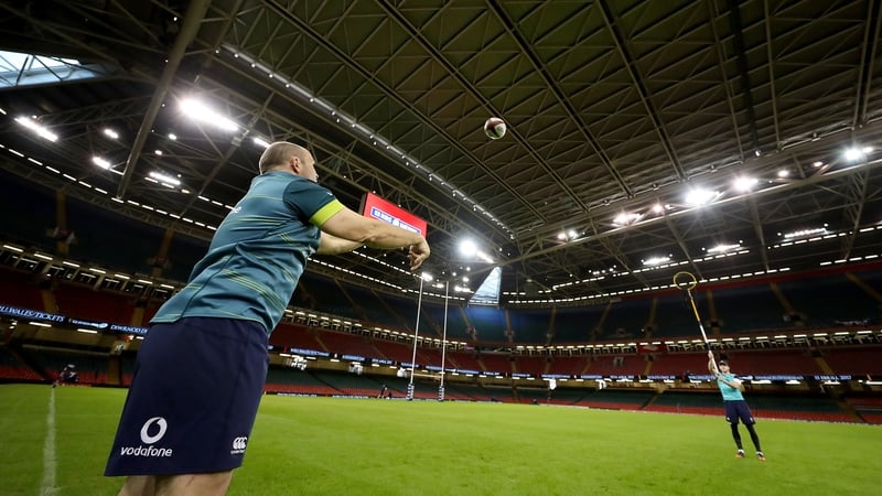 Rory Best practices his line-out throwing during the captain's run at the Principality Stadium