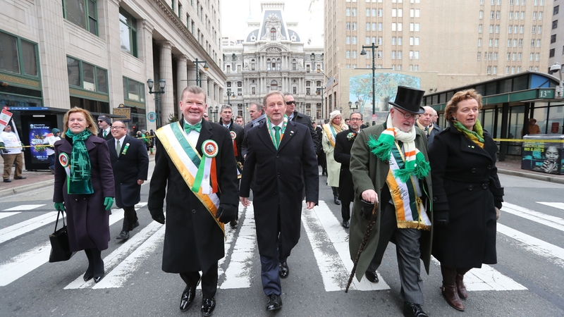 Enda Kenny (centre) took part in the annual St Patrick's Day parade in Philadelphia before making his speech