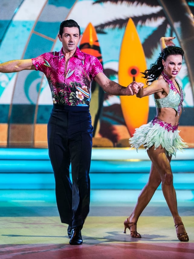 Week 10: New dad Aidan brought a splash of colour to the dance floor in a tropical pink shirt!