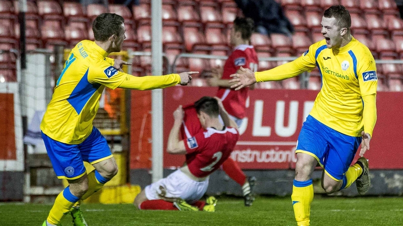 Ciaran O'Connor celebrates scoring Finn Harps' winner with team mate Caolan McAleer