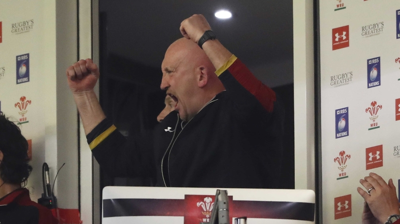 Shaun Edwards celebrates during Wales' win over Ireland