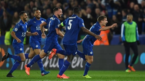Leicester players celebrate the winning goal