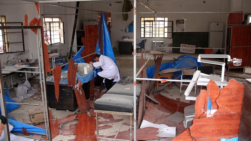 Damage at a medical clinic in Syria's Idlib province following government air strikes