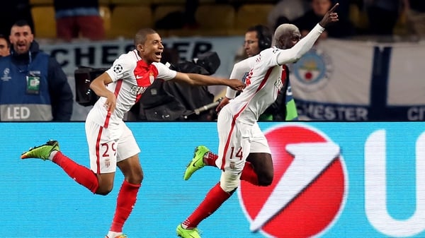 Tiemoue Bakayoko (R) celebrates scoring Monaco's winner with Kylian Mbappe