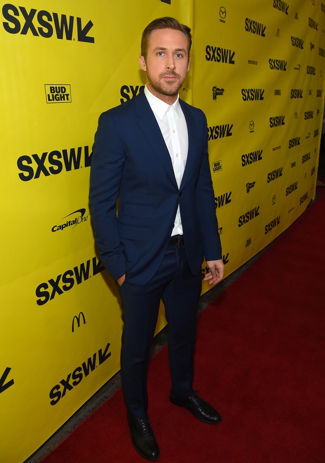 Ryan Gosling in a beautiful blue Gucci suit at the 'Song To Song' Premiere this year.