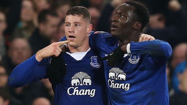 Romelu Lukaku (R) of Everton celebrates scoring his team's second goal with his team mate Ross Barkley (L)