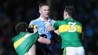 Kerry's Tadhg Morley and Mark Griffin tangle with Ciaran Kilkenny of Dublin in Tralee