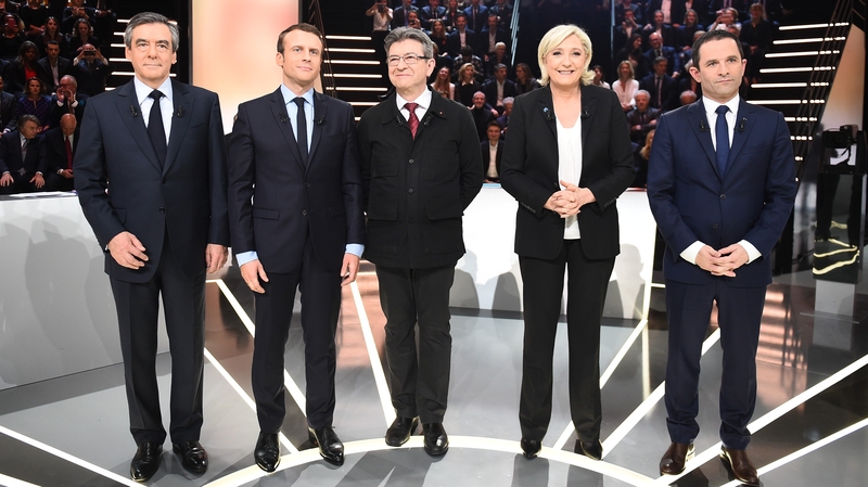 French presidential election candidates, Francois Fillon (L), Emmanuel Macron, Jean-Luc Melenchon, Marine Le Pen and Benoit Hamon