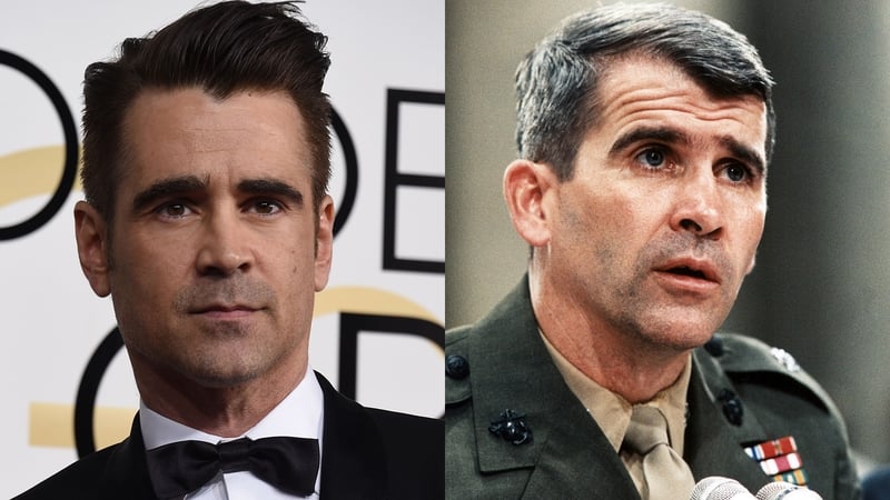 Colin Farrell's physical resemblance to Oliver North - pictured here in 1987 - is striking