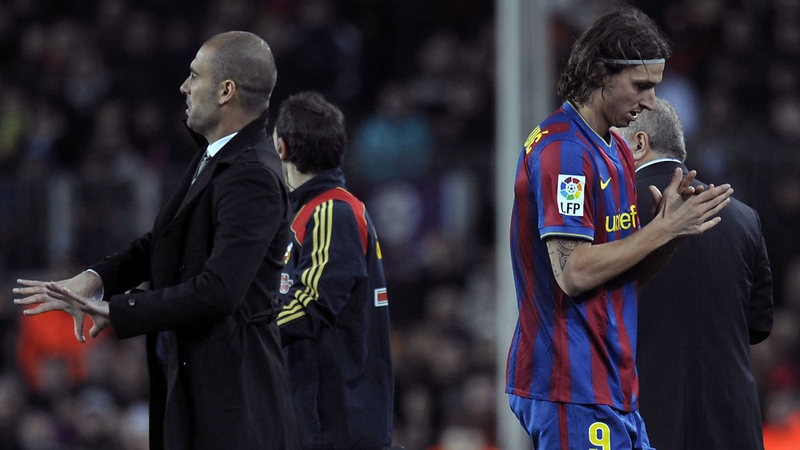 Zlatan Ibrahimovic is substituted by Pep Guardiola during his time at Barca