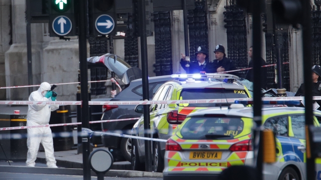 Police forensic officers carry out an examination close to the Palace of Westminster in London