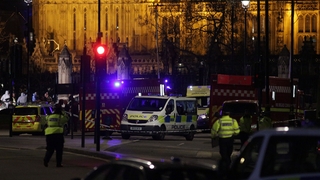 Police stand on duty as forensics officers work outside the entrance of the Houses of Parliament in Westminster
