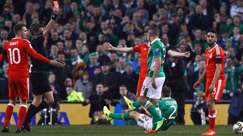 Neil Taylor was sent off for the challenge