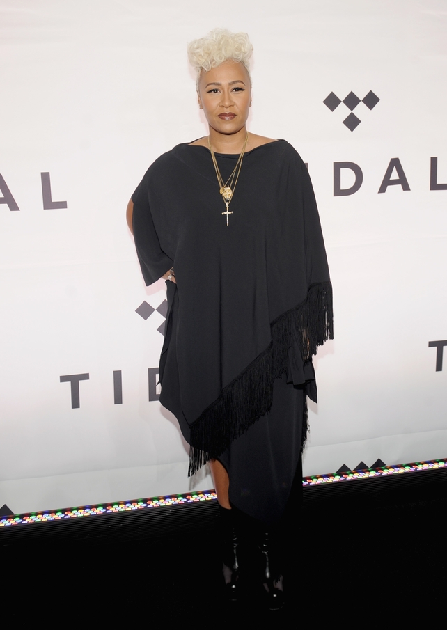 Emeli in her iconic oversized style and blond curly hair. She was attending and performing at the TIDAL X: 1015 event in 2016.