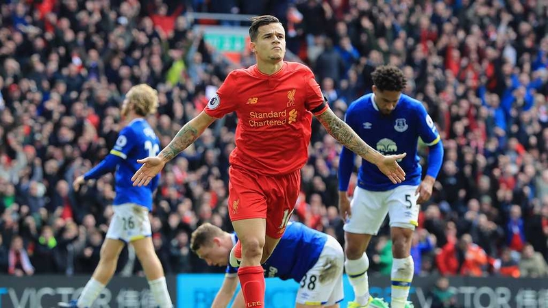 Philippe Coutinho celebrates his goal at Anfield