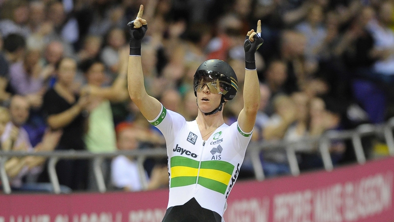 Cameron Meyer celebrates victory in the Men's Points Race at the UCI Track Cycling World Cup last year
