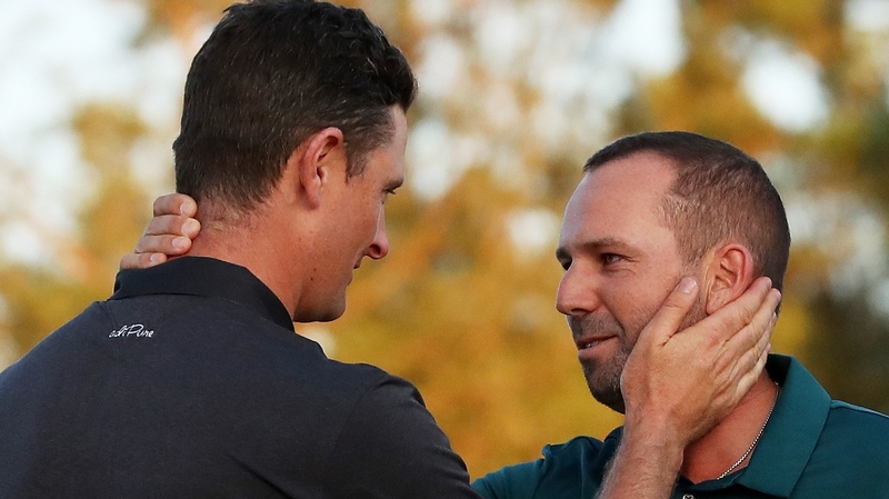 Rose (left) congratulates Garcia after their extra hole at Augusta National