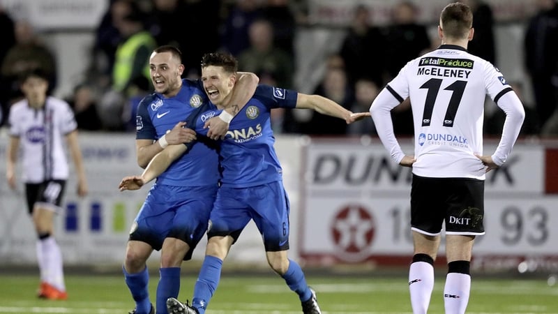 Keith Buckley and Aaron Greene celebrate Bray's third goal against Dundalk