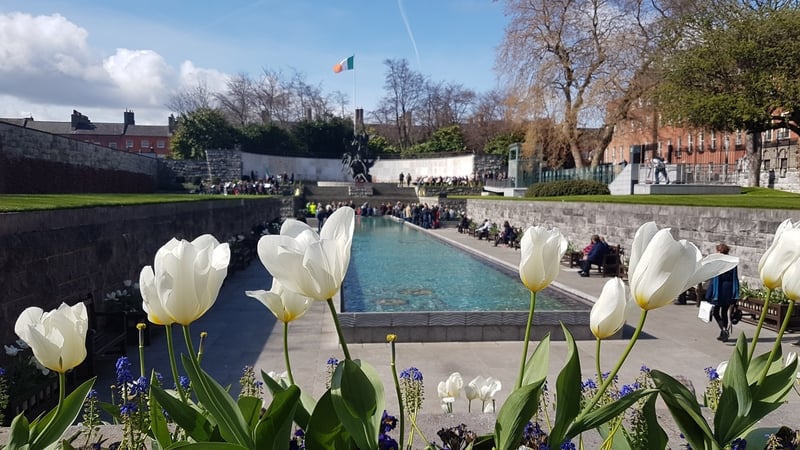 Seven great-grandchildren of those who took part or died in the Easter Rising laid Easter Lilies in the garden
