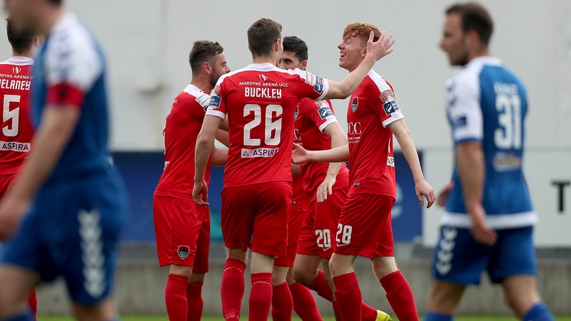 Cork City players celebrate Shane Griffin's goal