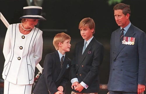 Years later, the royal family attended countless events. Here, Princess Diana, her sons Harry and William, and Prince Charles attend a parade commemorating VJ Day in 1995. The boys seemed to be having a wee bit of craic!