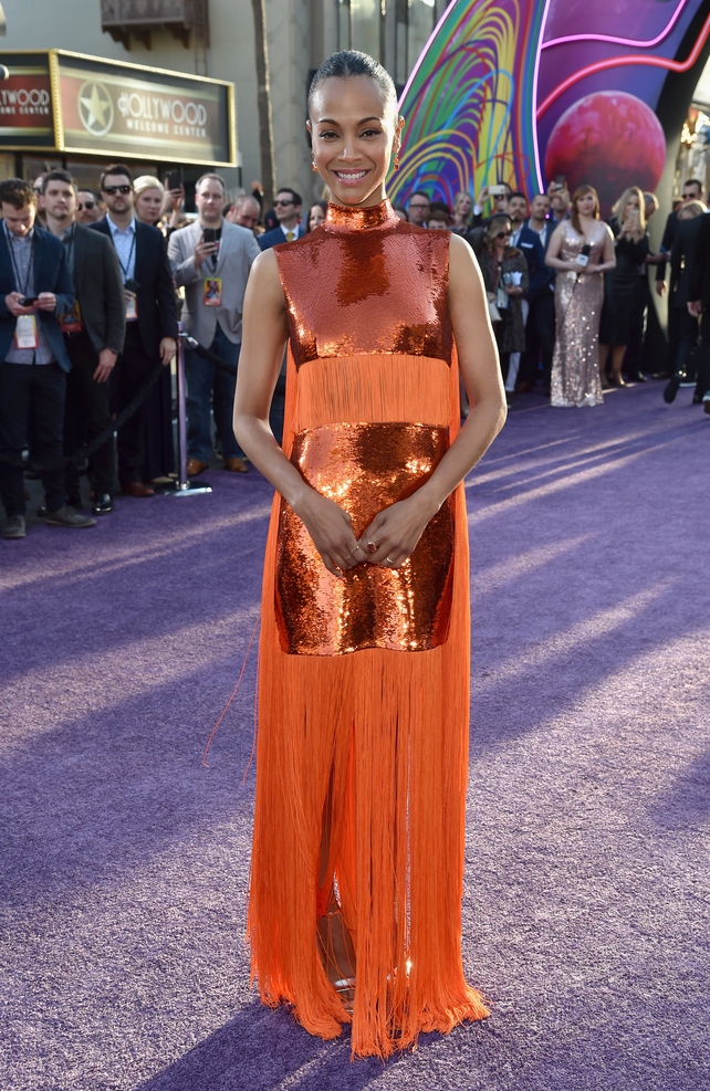 Fringe and sequins galore. No one can wear an Emilio Pucci dress better than Zoe! She was attending the 'Guardians Of The Galaxy Vol. 2' Premiere last Wednesday.