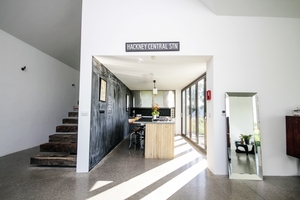 The staircase is made of old railway sleepers.