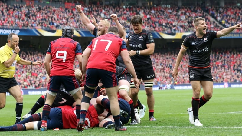 Saracens players celebrate Mako Vunipola's try