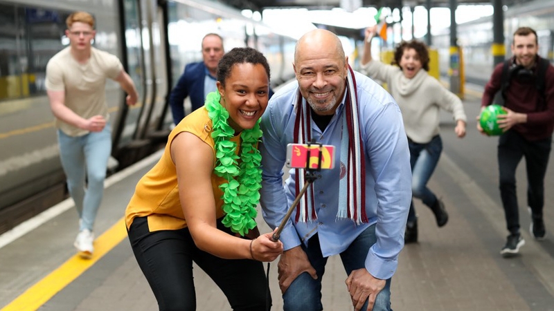 Rugby star Sophie Spence and football legend Paul McGrath at the launch of the new Eir app