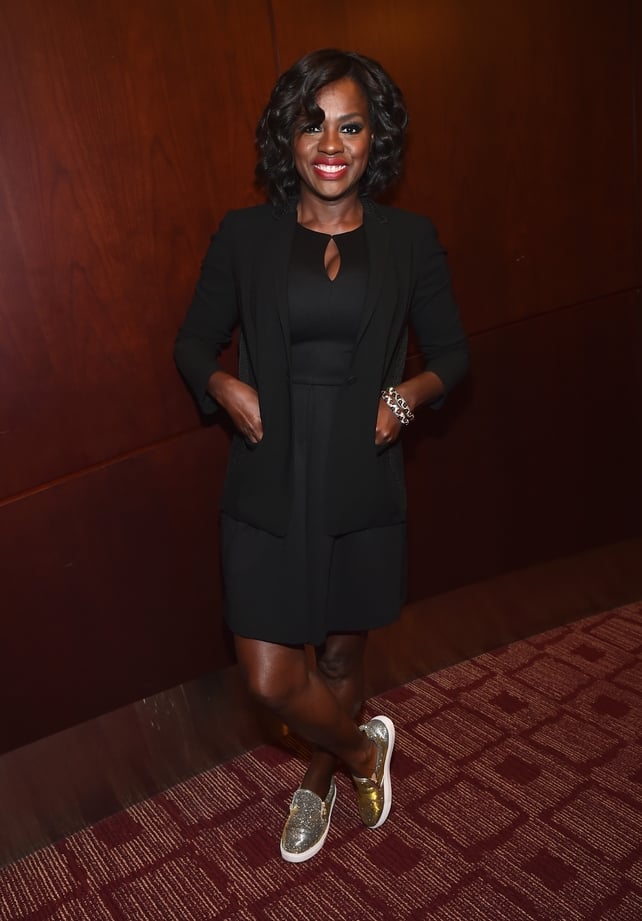 She's the coolest! The actress is attending the L.A. Times' Envelope screening of 'How To Get Away With Murder' in 2015 in a little black dress and jacket with shiny shoes!