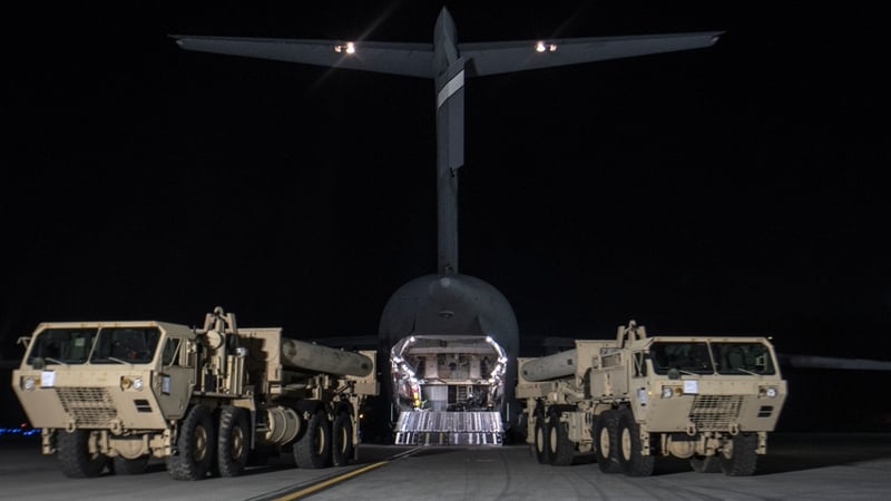 Handout photo provided by US Forces Korea shows trucks carrying elements of the THAAD that arrived at the Osan Air Base on 6 March