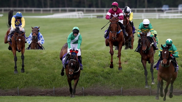The runners and riders clear Ruby's Double in the Friends First Cross Country Steeplechase at Punchestown