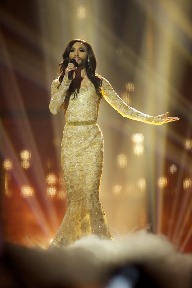 The famous Conchita Wurst wore an embroidered gold dress as she performed for Austria in 2014 and won.