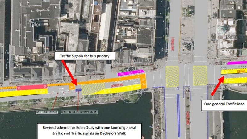 It is now proposed to allow one lane of general traffic to travel straight from Bachelor's Walk to Eden Quay