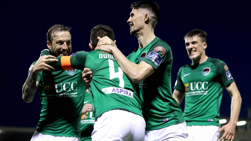Johnny Dunleavy celebrates scoring with Karl Sheppard and Shane Griffin