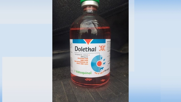 The product, which is a red colour, was in four 100ml clear glass bottles with the 'Dolethal' brand name