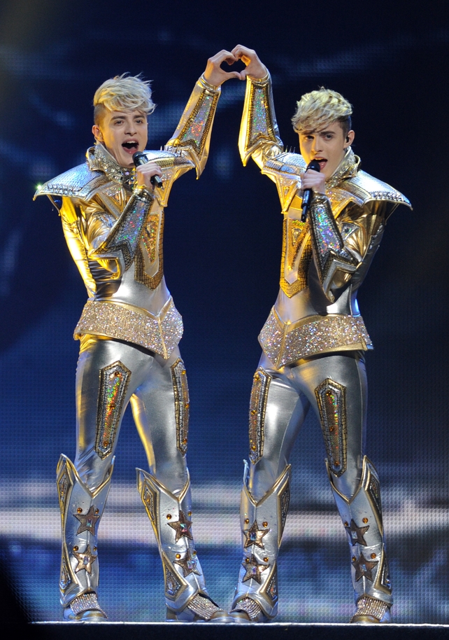 Double trouble. Irish twin duo Jedward looked cosmic in these shiny costumes.They represented Ireland performing their song "Waterline" in 2012.