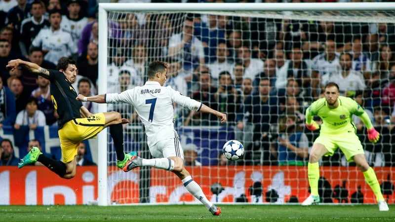 Ronaldo smashes home the second goal of his hat-trick in the first leg at the Bernabeu